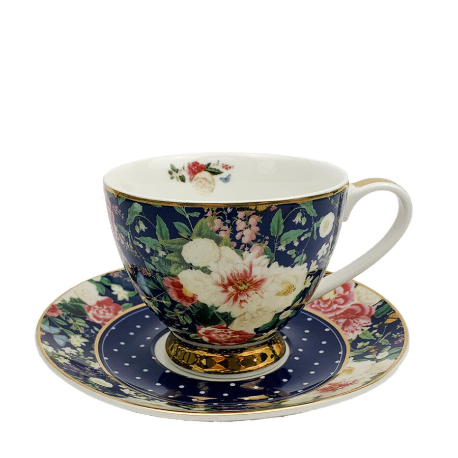 FLORAL GARDEN TEACUP/SAUCER SET - NAVY