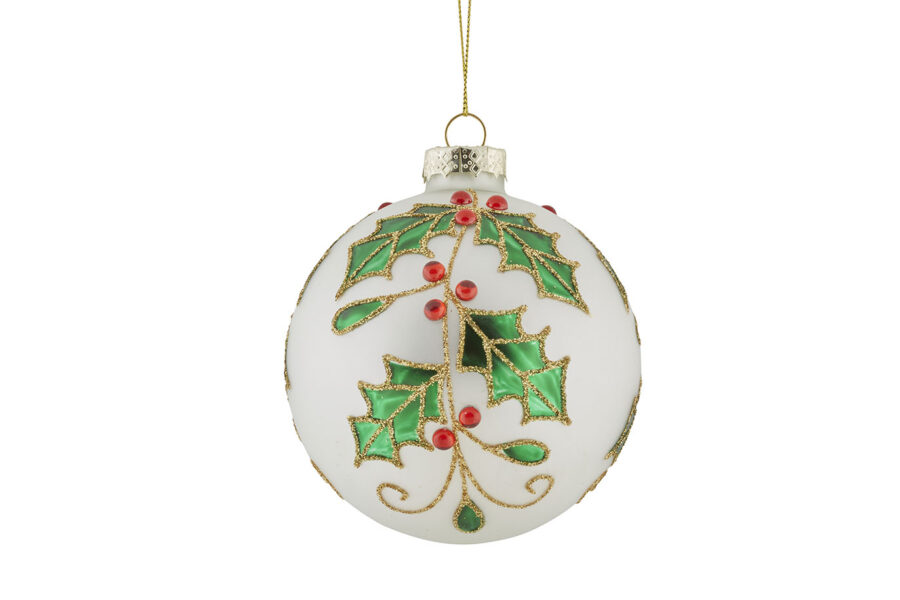 10cmD Glass Wte Holly H-Bauble